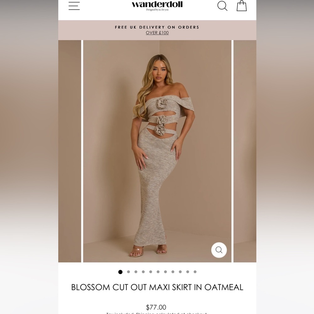 Wanderdoll blossom Bardot cut out crop top and skirt in oatmeal. Only worn once